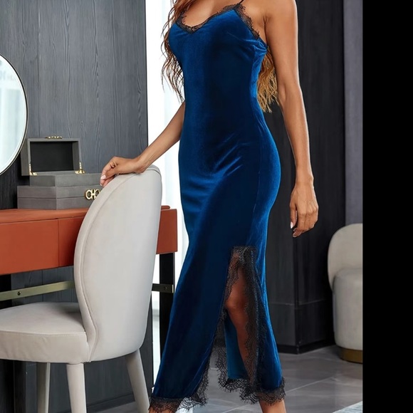 Navy Blue Velvet Lace Trim Night Gown Dress - Picture 2 of 8